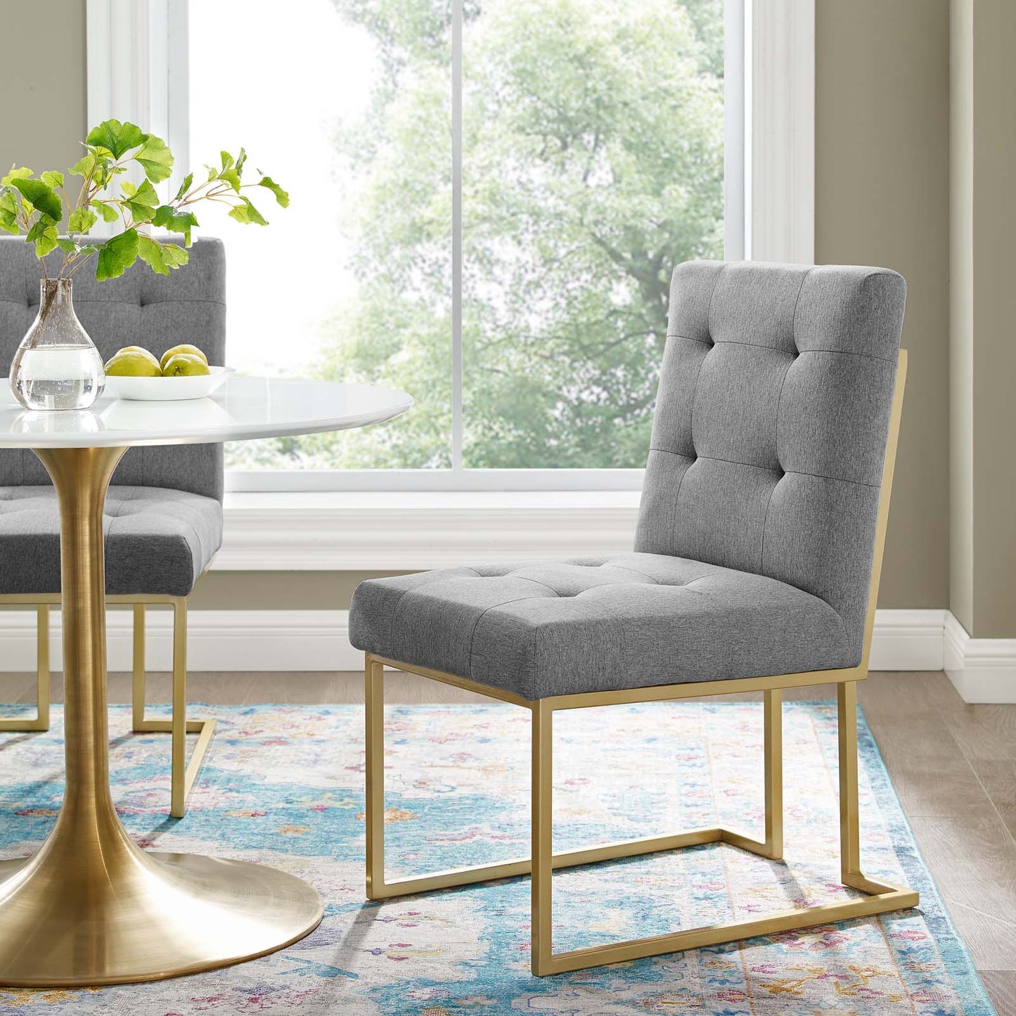 Privy Gold Stainless Steel Upholstered Fabric Dining Accent Chair, Fabric Metal Steel, Gold Light Grey Gray, 18020