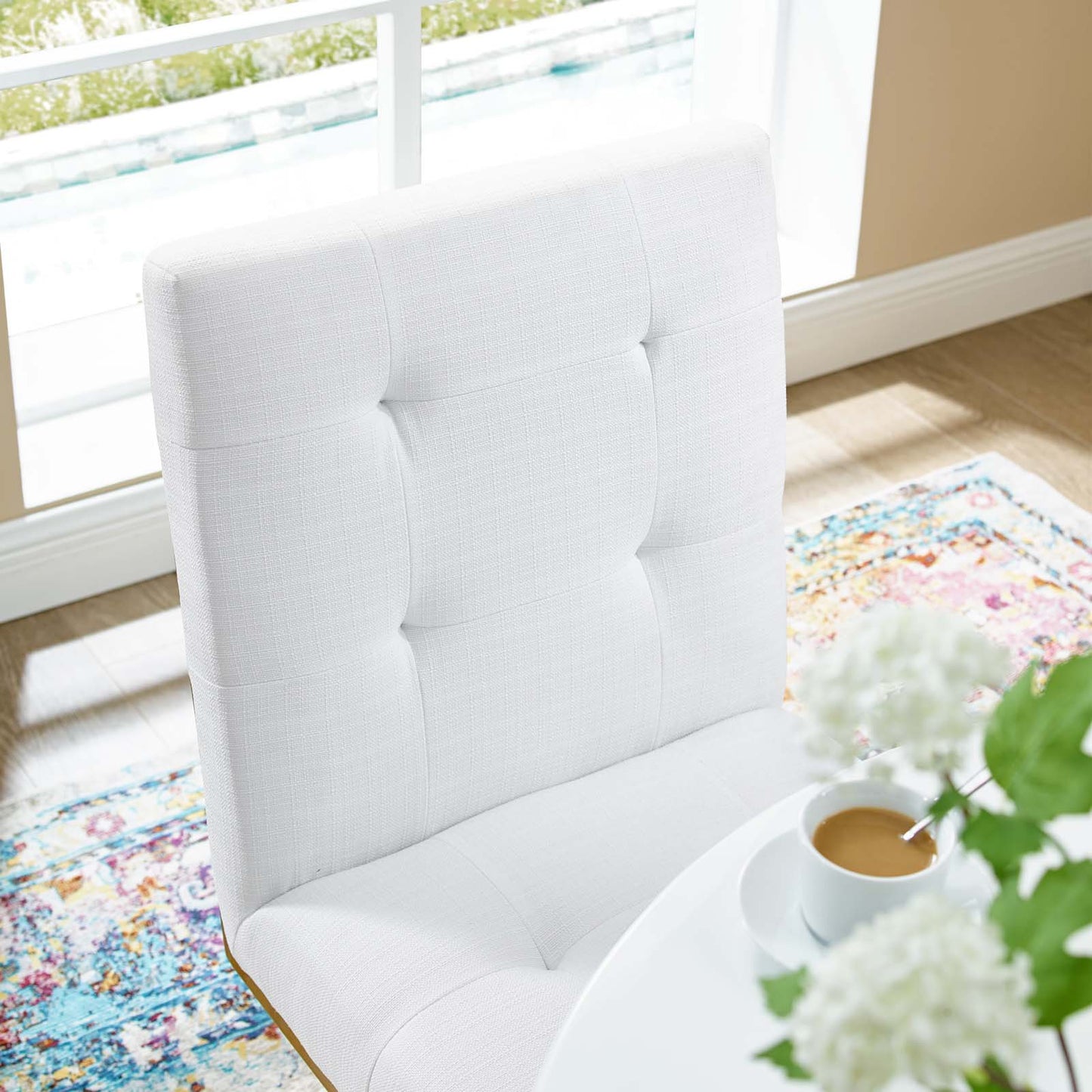 Privy Gold Stainless Steel Upholstered Fabric Dining Accent Chair, Fabric Metal Steel, Gold White, 18021