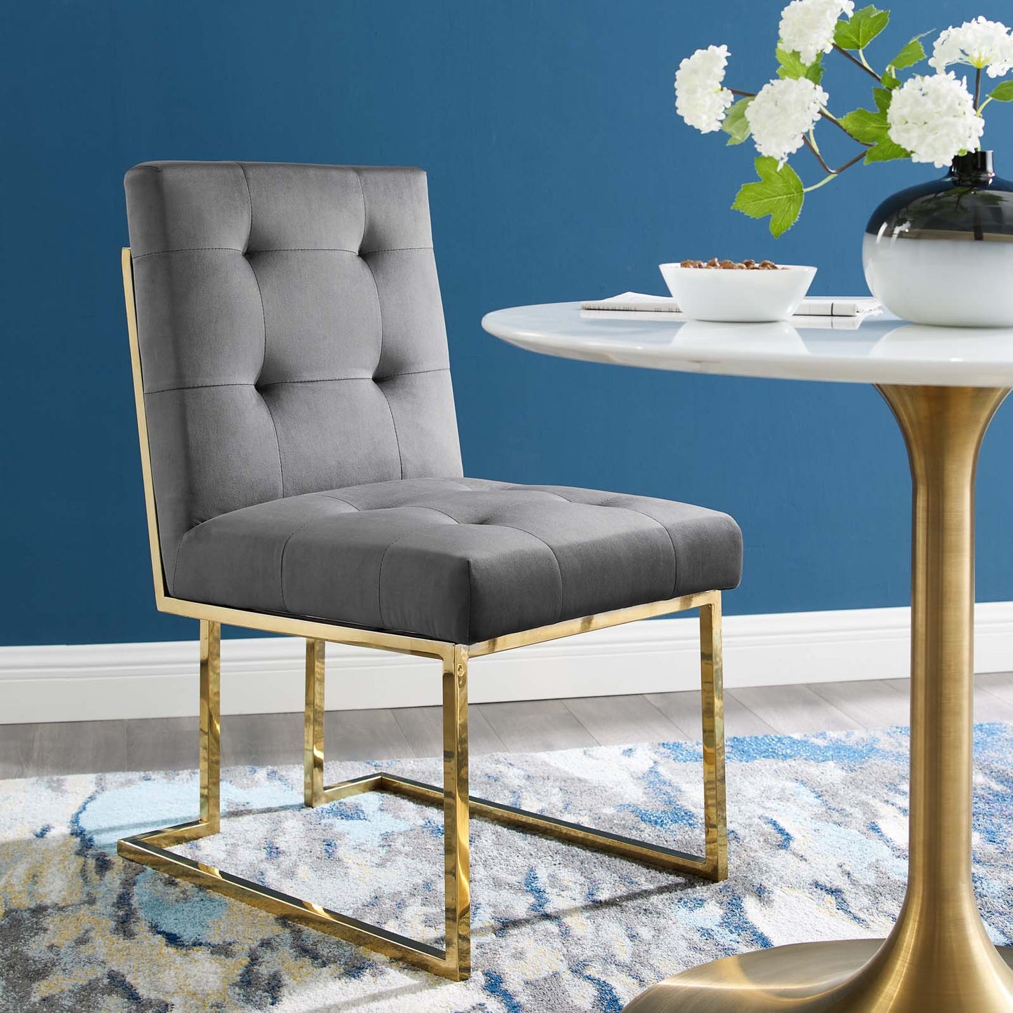 Privy Gold Stainless Steel Performance Velvet Dining Chair, Velvet Fabric Metal Steel, Gold Grey Gray, 18022