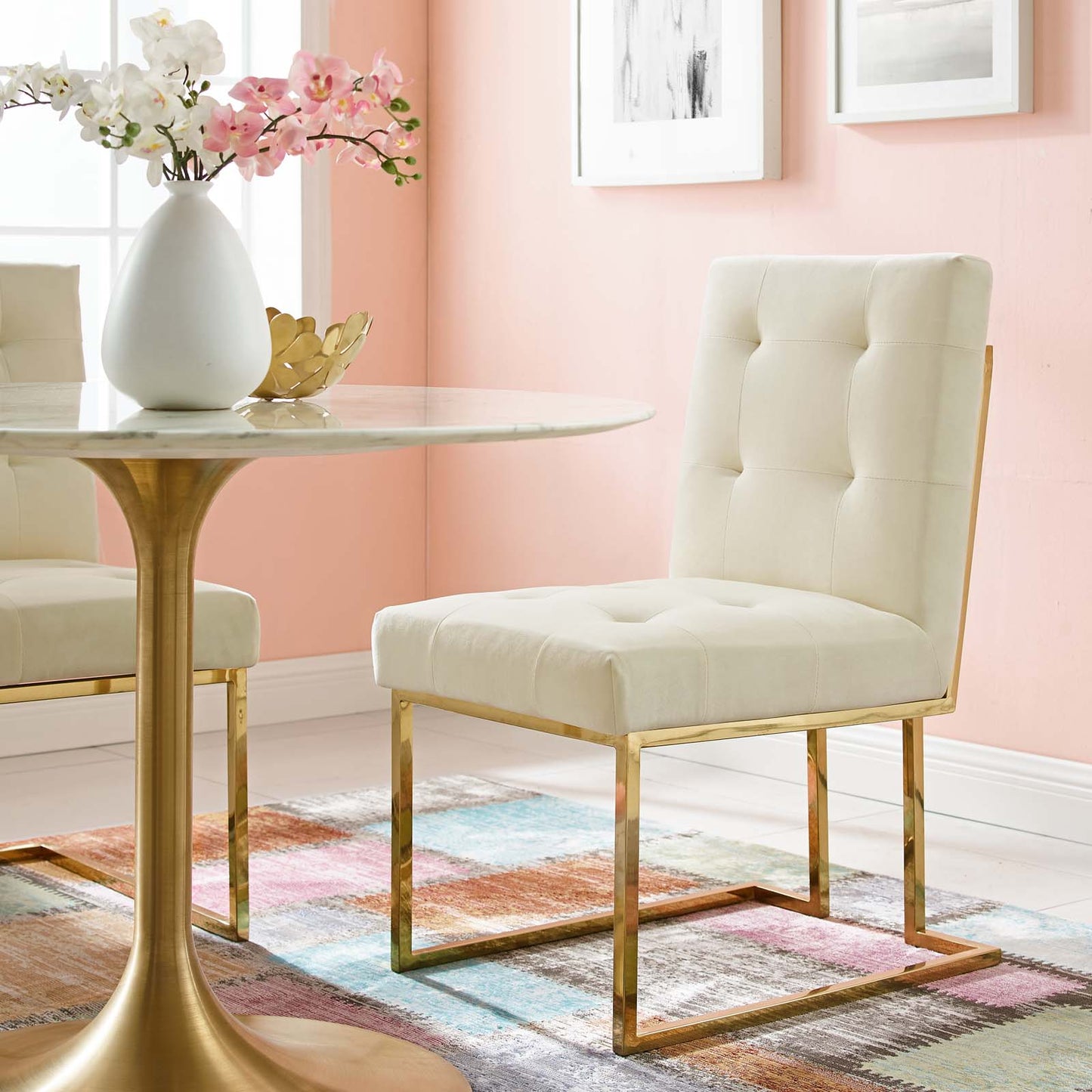 Privy Gold Stainless Steel Performance Velvet Dining Chair, Velvet Fabric Metal Steel, Gold Ivory White, 18025