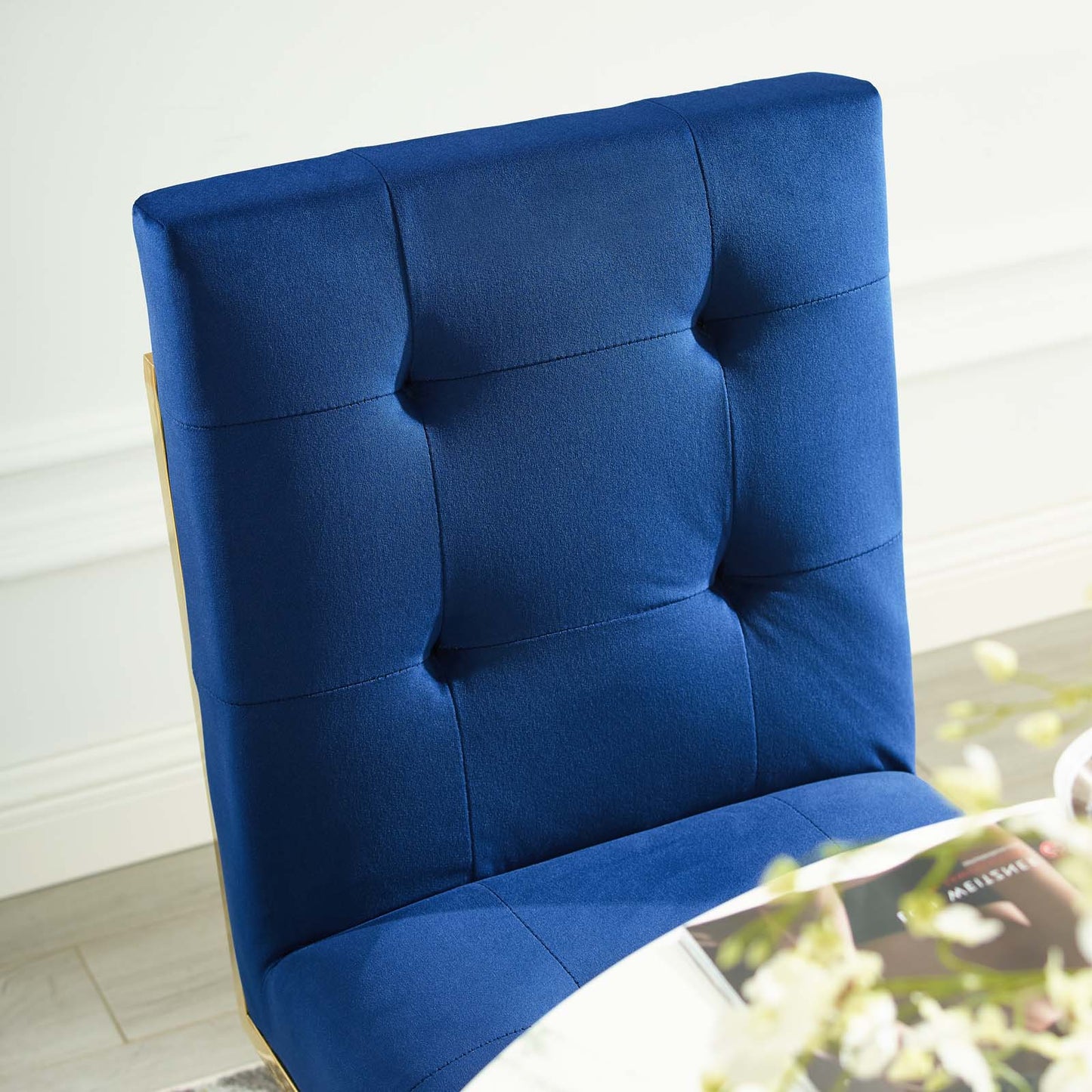 Privy Gold Stainless Steel Performance Velvet Dining Chair, Velvet Fabric Metal Steel, Gold Blue Navy, 18026