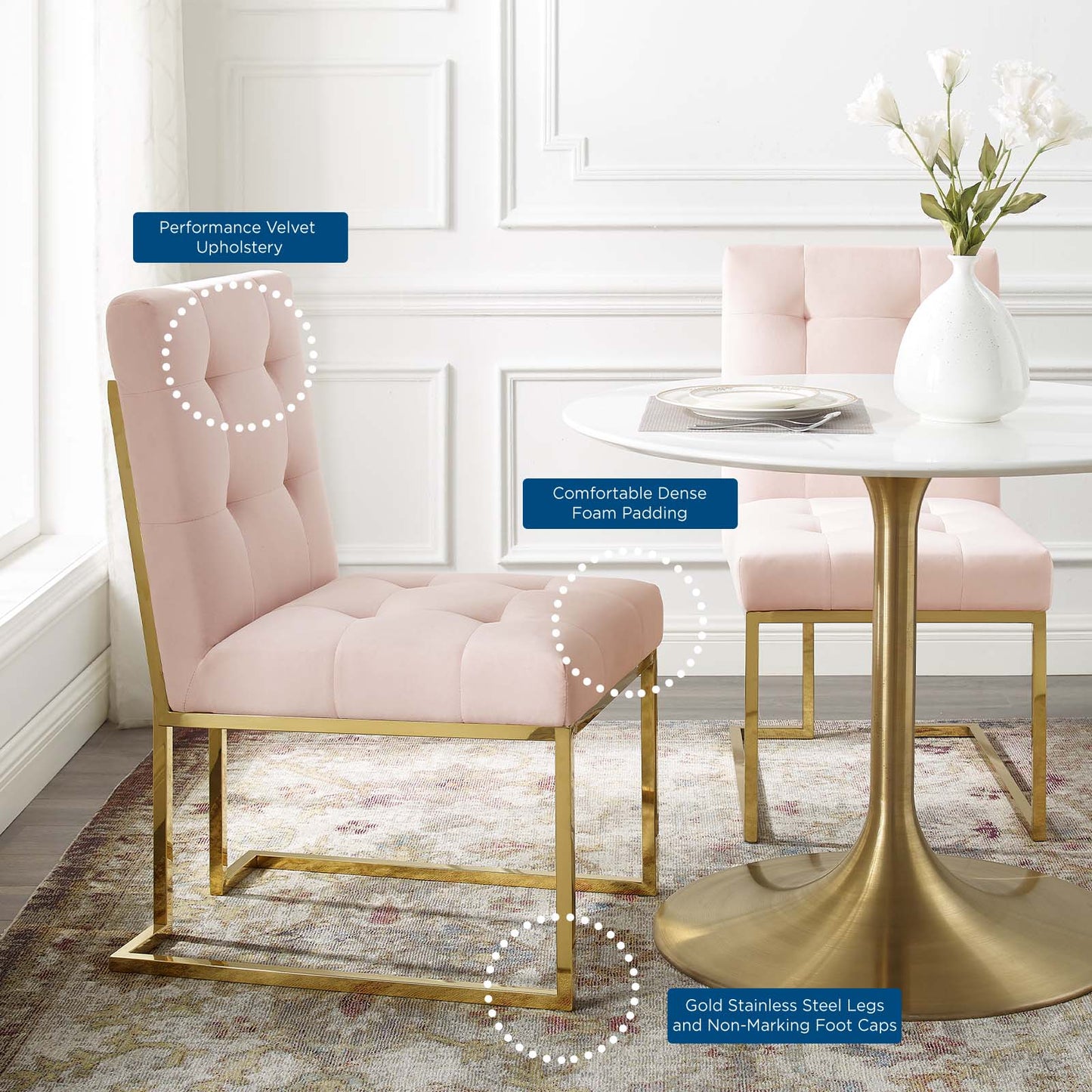 Privy Gold Stainless Steel Performance Velvet Dining Chair, Velvet, Metal Steel, Gold Pink, 18343