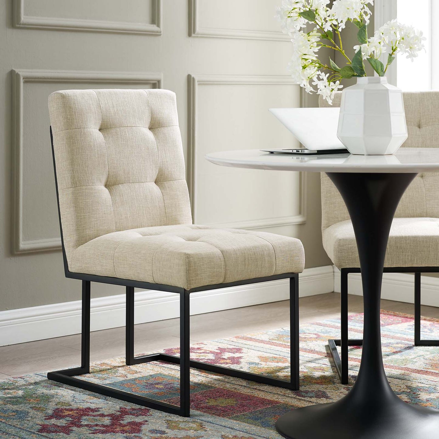 Privy Black Stainless Steel Upholstered Fabric Dining Chair, Fabric Metal Steel, Black Beige, 18027