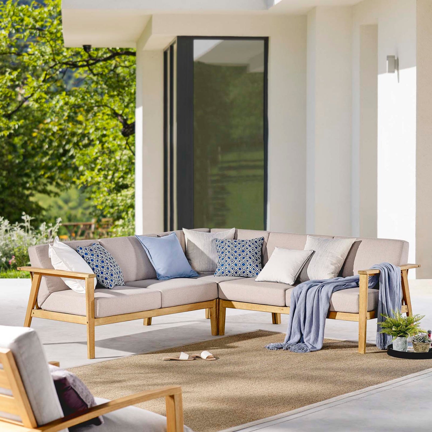 Sedona 3 Piece Outdoor Patio Eucalyptus Wood Sectional, Wood, Brown Natural Taupe Gray, 18355