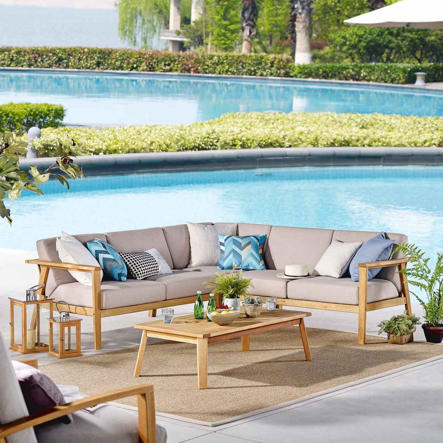 Sedona 4 Piece Outdoor Patio Eucalyptus Wood Sectional, Wood, Brown Natural Taupe Gray, 18356