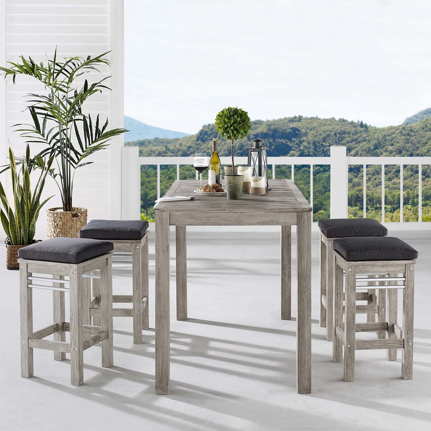 Wiscasset 5 Piece Outdoor Patio Acacia Wood Bar Set, Wood, Light Grey Gray, 18357
