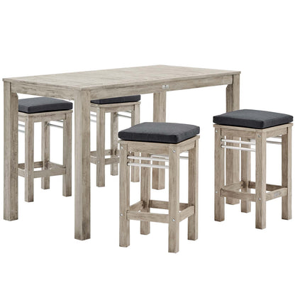 Wiscasset 5 Piece Outdoor Patio Acacia Wood Bar Set, Wood, Light Grey Gray, 18357