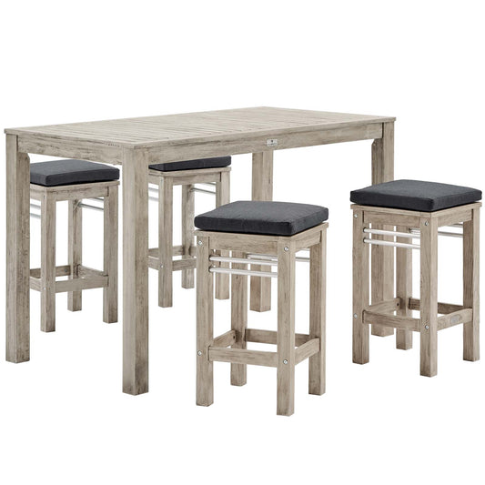 Wiscasset 5 Piece Outdoor Patio Acacia Wood Bar Set, Wood, Light Grey Gray, 18357