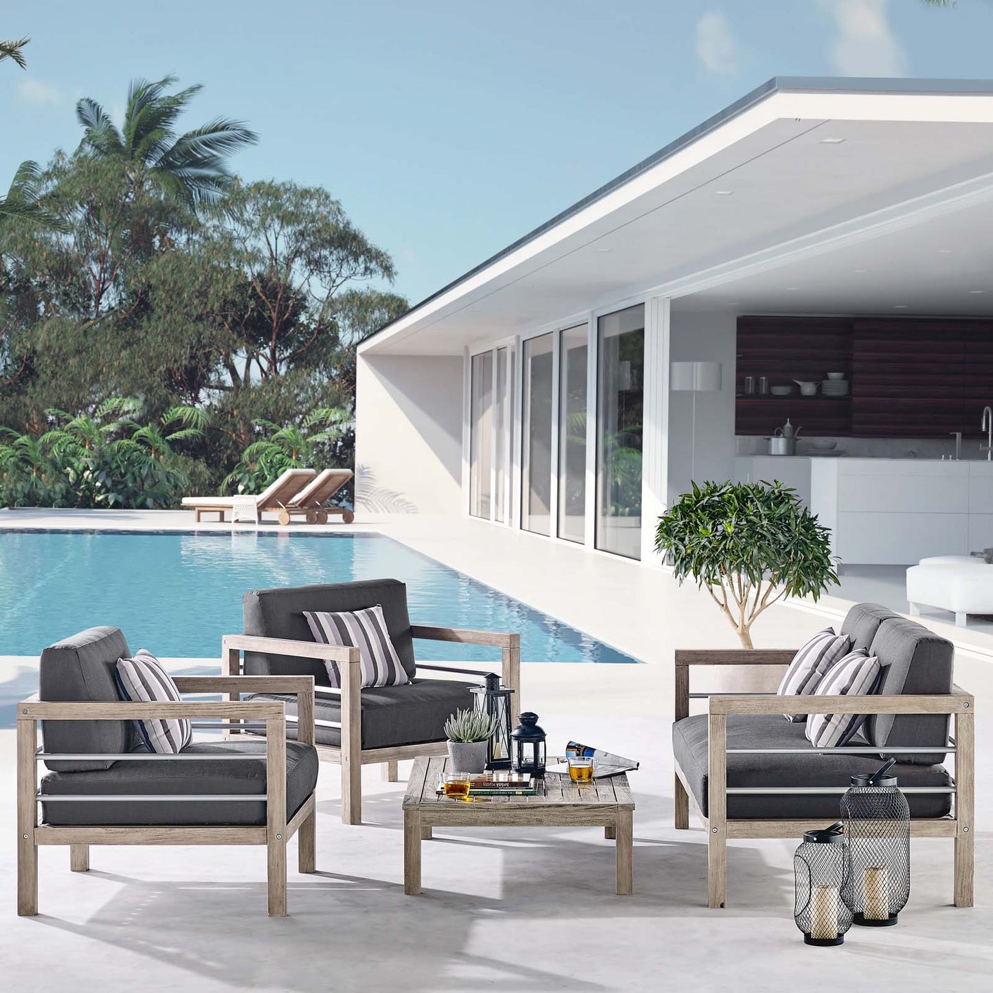 Wiscasset 4 Piece Outdoor Patio Acacia Wood Set, Wood, Light Grey Gray, 18358