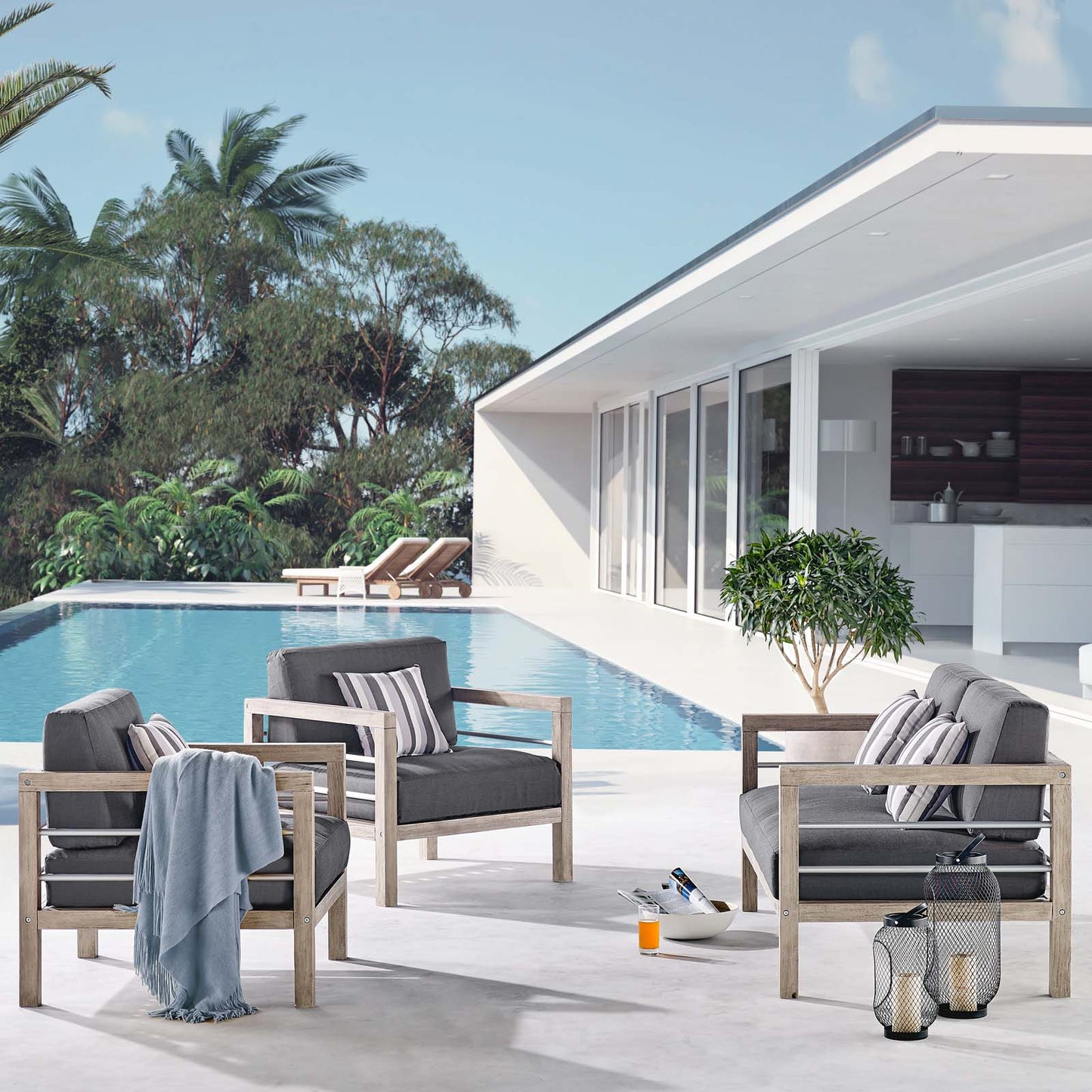 Wiscasset 3 Piece Outdoor Patio Acacia Wood Set, Wood, Light Grey Gray, 18359
