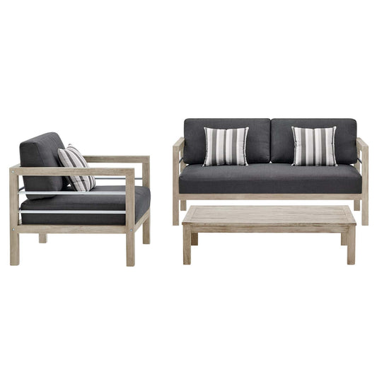 Wiscasset 3 Piece Outdoor Patio Acacia Wood Set, Wood, Light Grey Gray, 18360