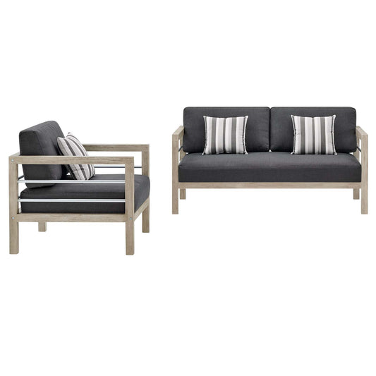 Wiscasset Outdoor Patio Acacia Wood Loveseat and Armchair Set, Wood, Light Grey Gray, 18361