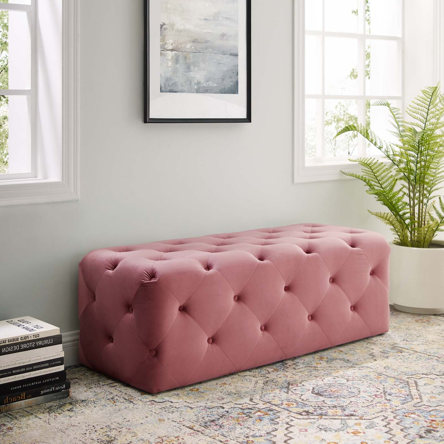 Amour 48" Tufted Button Entryway Performance Velvet Bench, Velvet, Pink, 18370