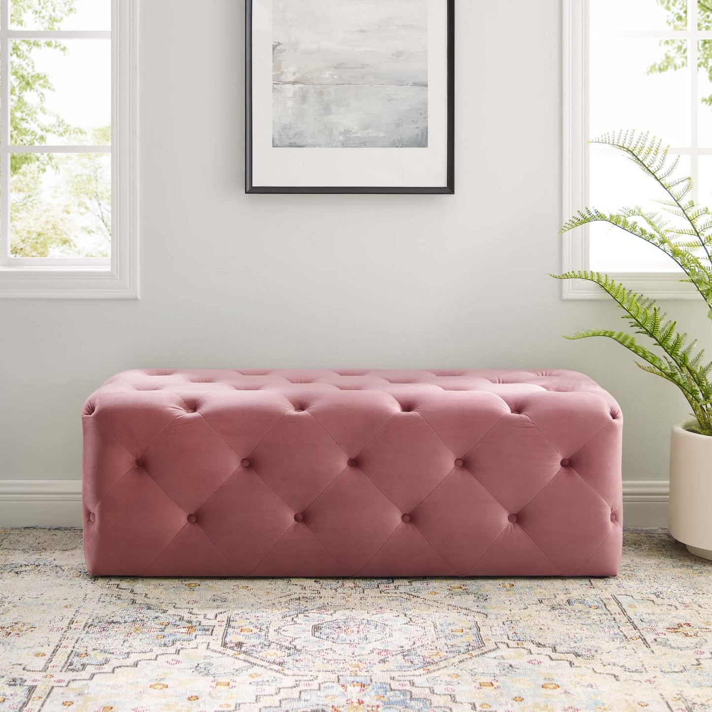 Amour 48" Tufted Button Entryway Performance Velvet Bench, Velvet, Pink, 18370