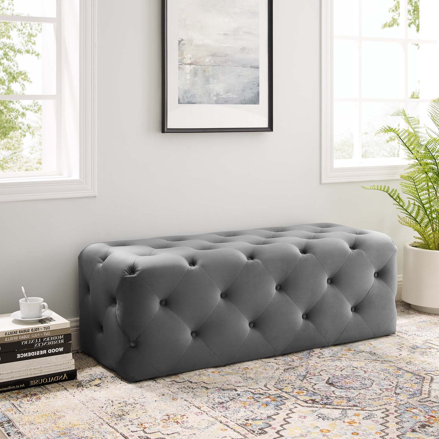 Amour 48" Tufted Button Entryway Performance Velvet Bench, Velvet, Grey Gray, 18371