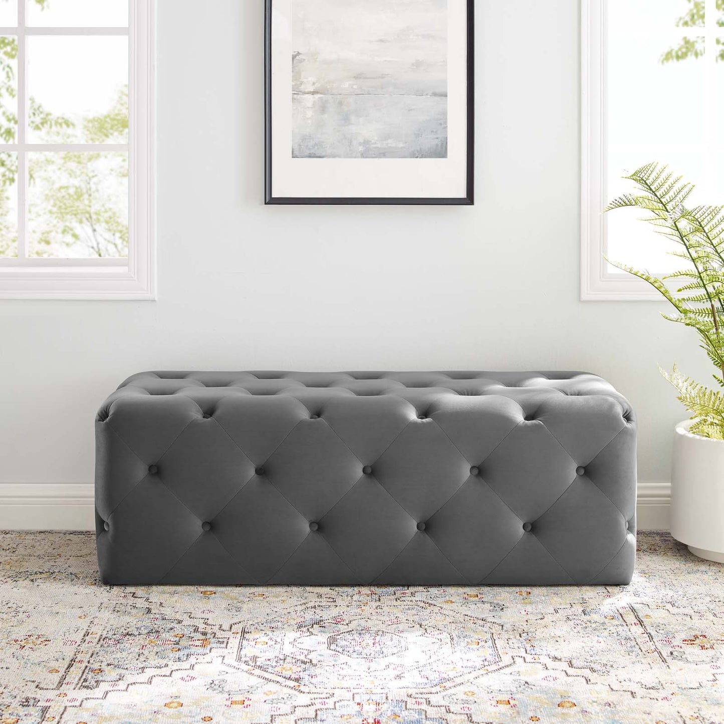 Amour 48" Tufted Button Entryway Performance Velvet Bench, Velvet, Grey Gray, 18371