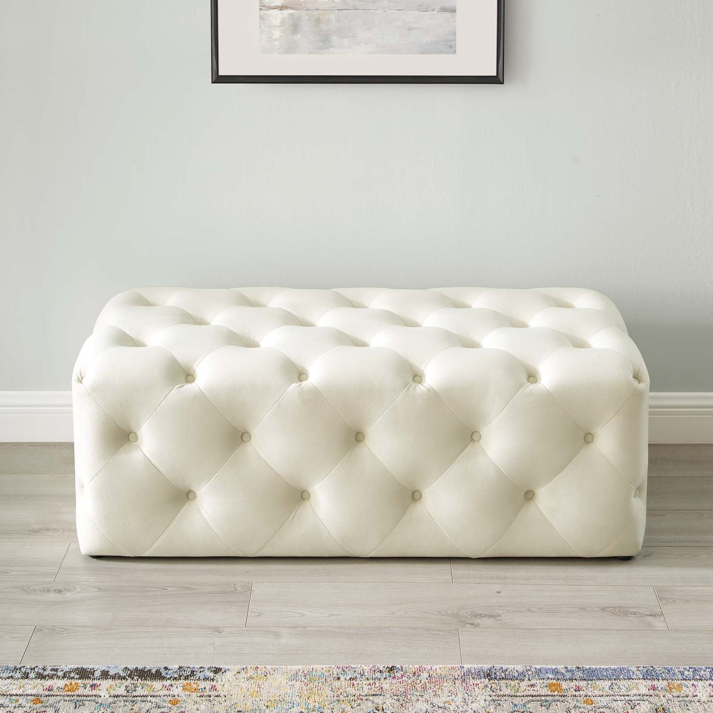 Amour 48" Tufted Button Entryway Performance Velvet Bench, Velvet, Ivory White, 18372
