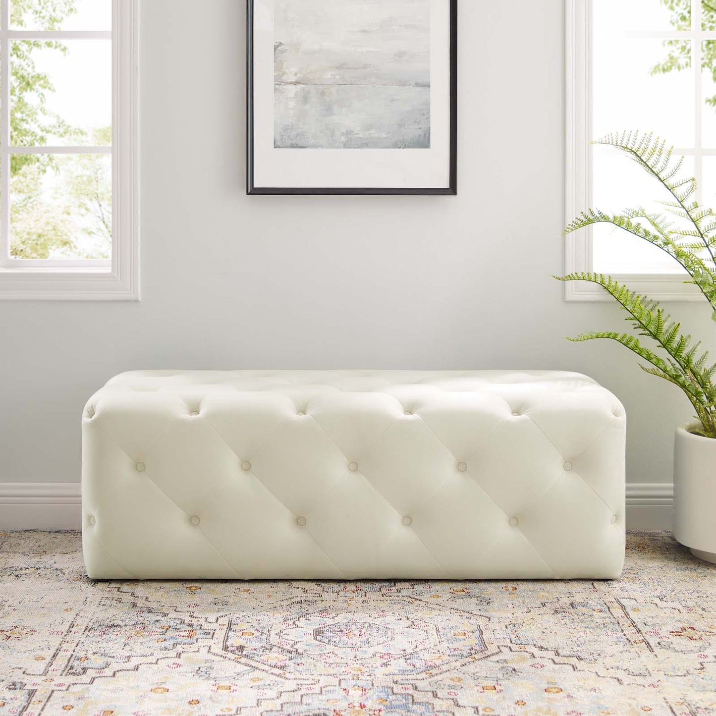 Amour 48" Tufted Button Entryway Performance Velvet Bench, Velvet, Ivory White, 18372
