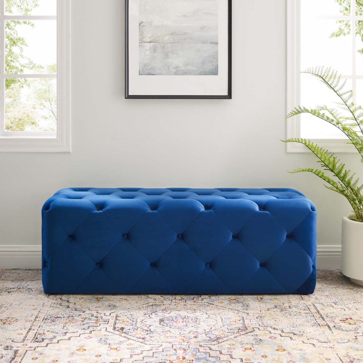 Amour 48" Tufted Button Entryway Performance Velvet Bench, Velvet, Blue Navy, 18373