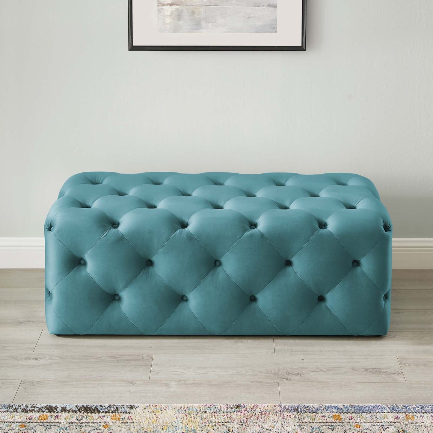 Amour 48" Tufted Button Entryway Performance Velvet Bench, Velvet, Blue, 18374