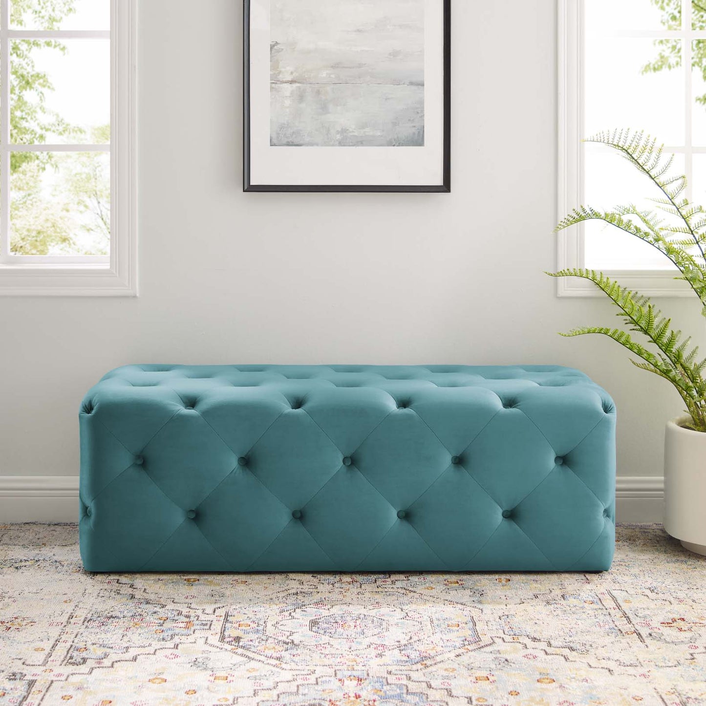 Amour 48" Tufted Button Entryway Performance Velvet Bench, Velvet, Blue, 18374