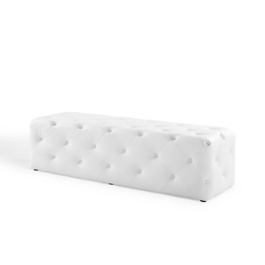 Amour 60" Tufted Button Entryway Faux Leather Bench, Faux Leather, White, 18375