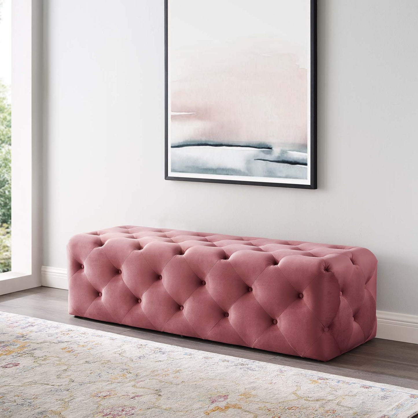 Amour 60" Tufted Button Entryway Performance Velvet Bench, Velvet, Pink, 18376
