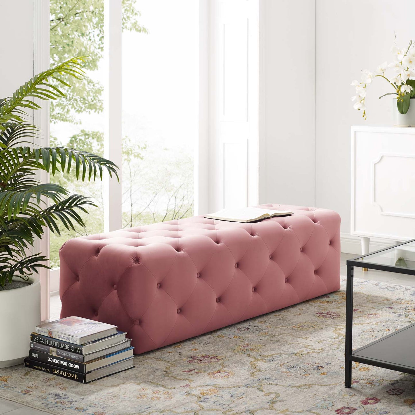 Amour 60" Tufted Button Entryway Performance Velvet Bench, Velvet, Pink, 18376