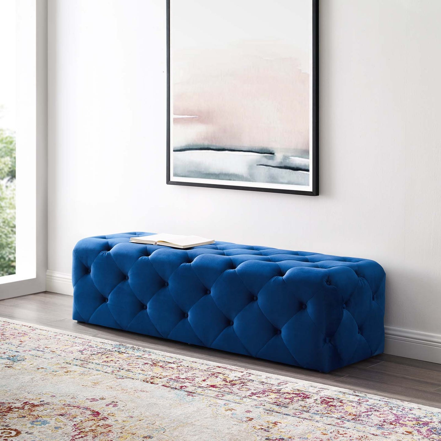 Amour 60" Tufted Button Entryway Performance Velvet Bench, Velvet, Blue Navy, 18379