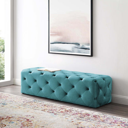 Amour 60" Tufted Button Entryway Performance Velvet Bench, Velvet, Blue, 18380