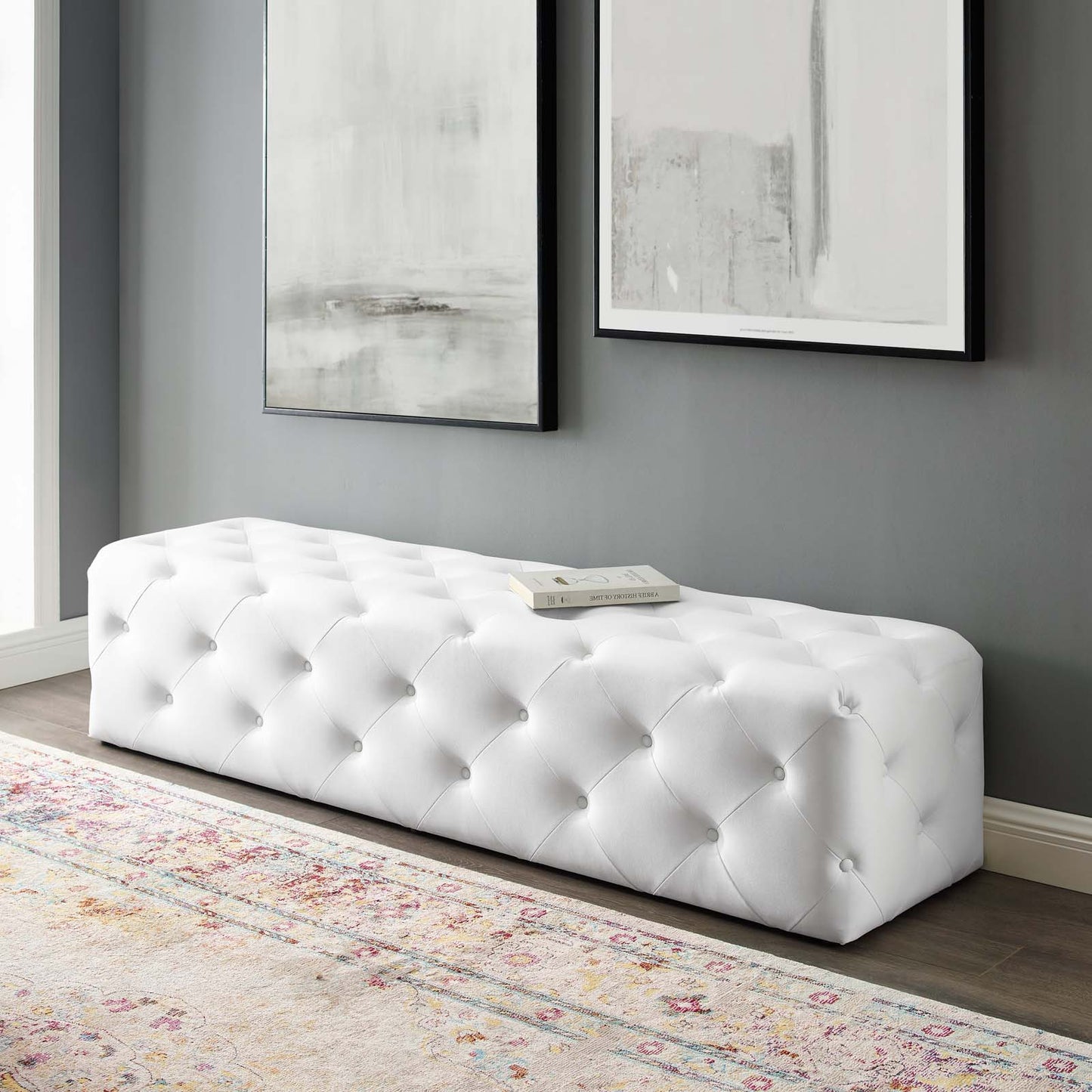 Amour 72" Tufted Button Entryway Faux Leather Bench, Faux Leather, White, 18381