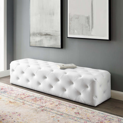 Amour 72" Tufted Button Entryway Faux Leather Bench, Faux Leather, White, 18381
