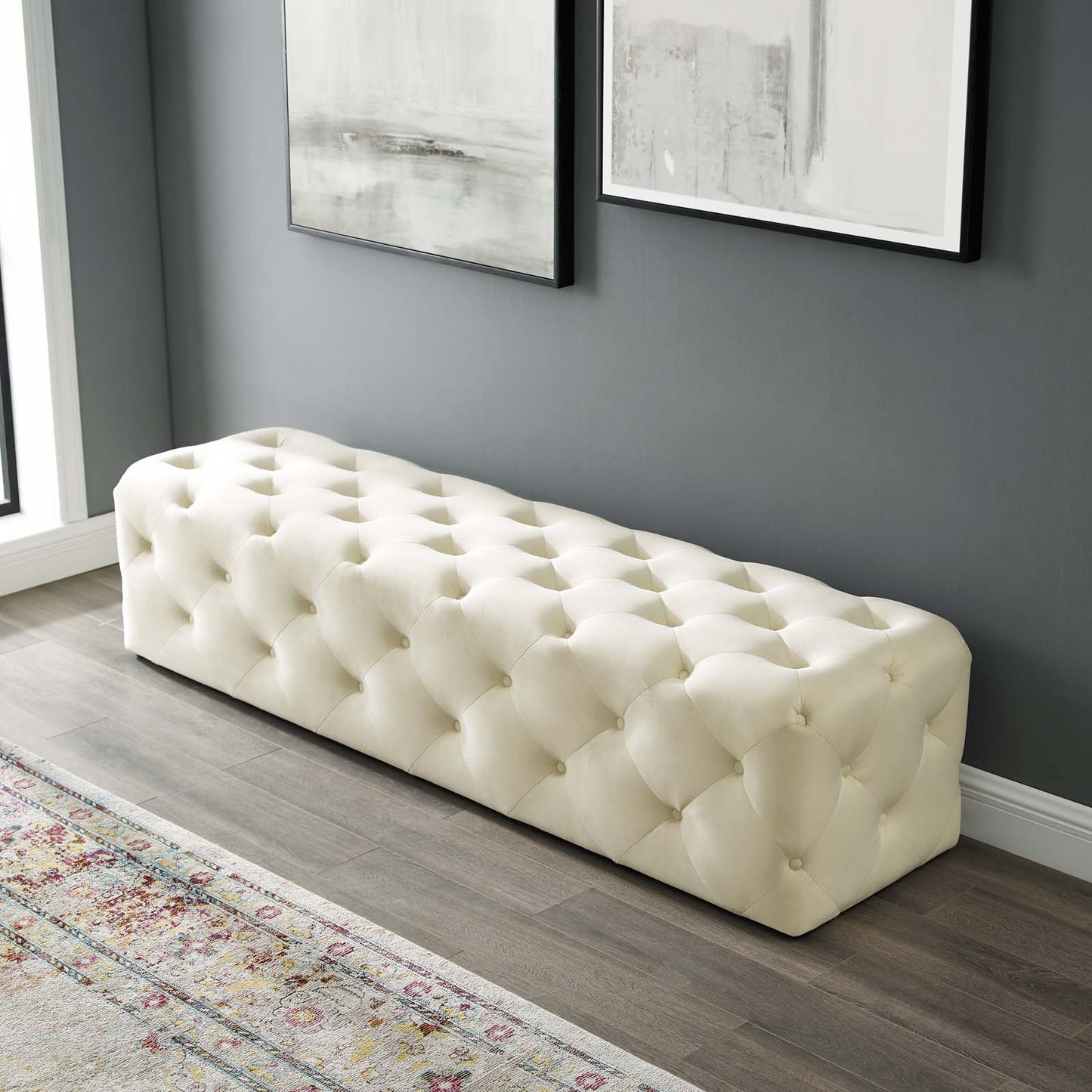 Amour 72" Tufted Button Entryway Performance Velvet Bench, Velvet, Ivory White, 18384
