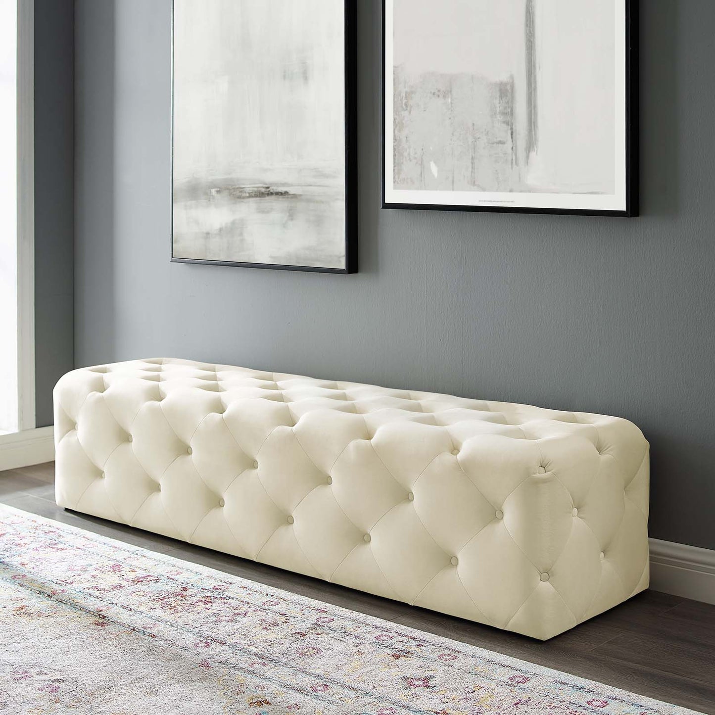 Amour 72" Tufted Button Entryway Performance Velvet Bench, Velvet, Ivory White, 18384