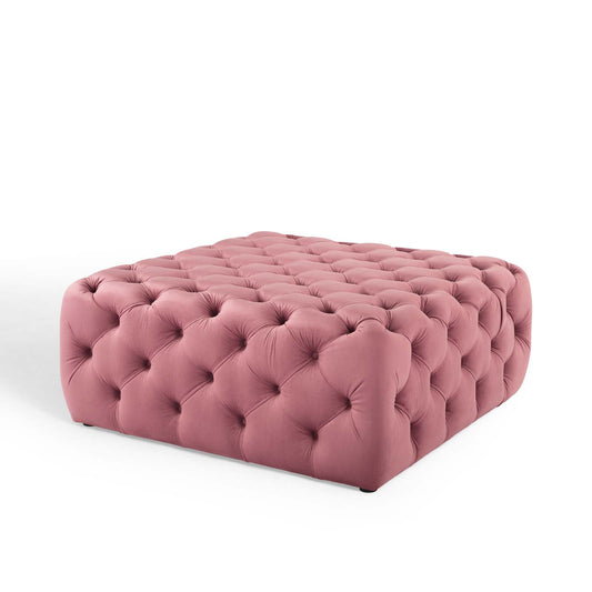 Amour Tufted Button Large Square Performance Velvet Ottoman, Velvet, Pink, 18388
