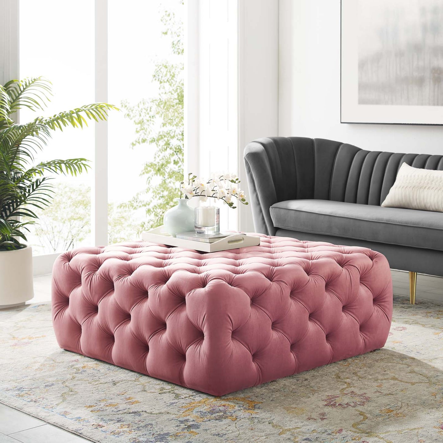 Amour Tufted Button Large Square Performance Velvet Ottoman, Velvet, Pink, 18388