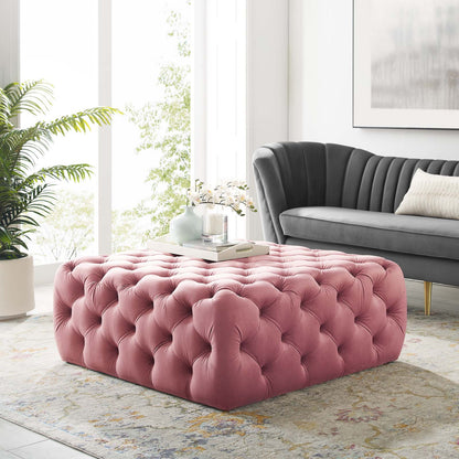 Amour Tufted Button Large Square Performance Velvet Ottoman, Velvet, Pink, 18388