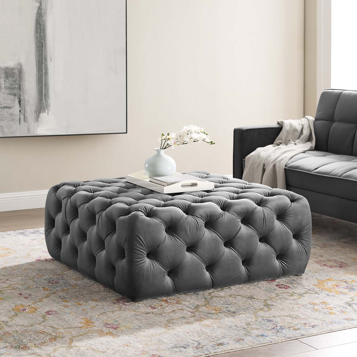 Amour Tufted Button Large Square Performance Velvet Ottoman, Velvet, Grey Gray, 18389