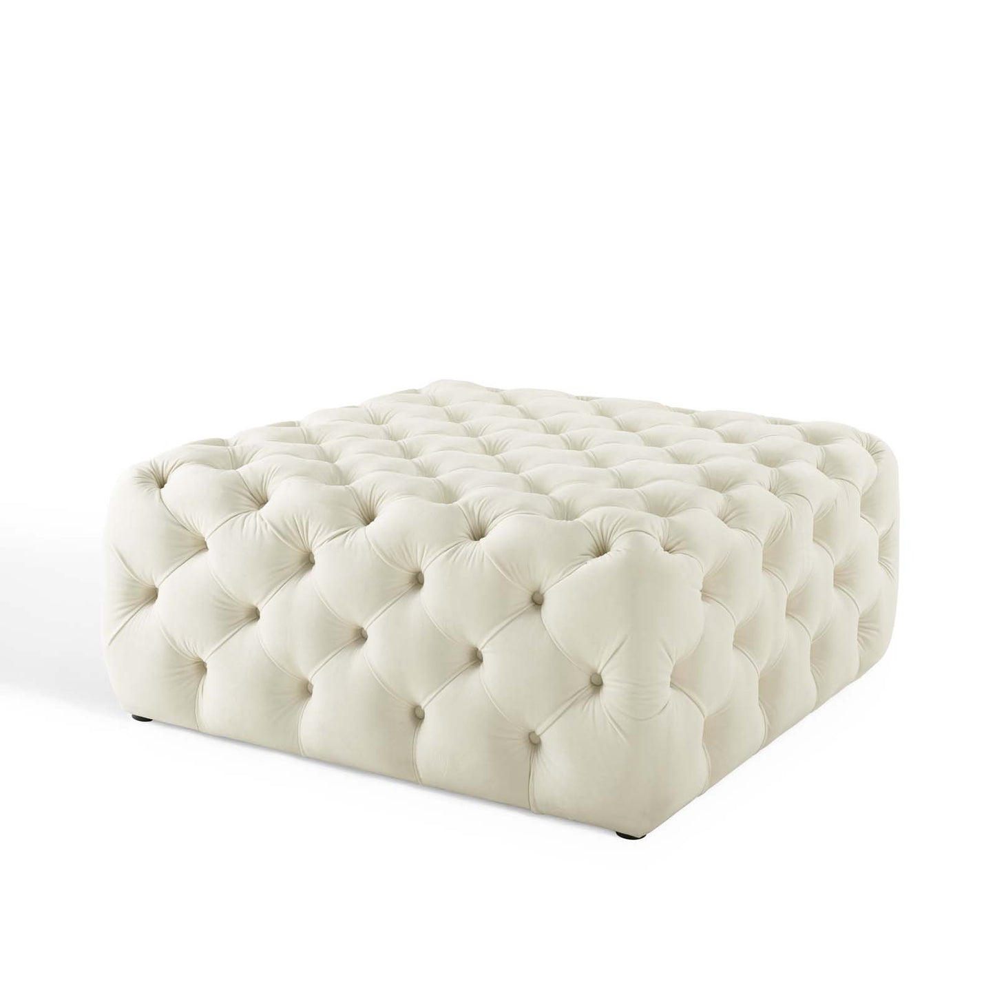 Amour Tufted Button Large Square Performance Velvet Ottoman, Velvet, Ivory White, 18390