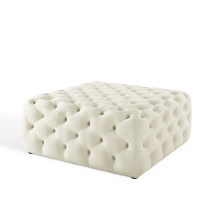Amour Tufted Button Large Square Performance Velvet Ottoman, Velvet, Ivory White, 18390