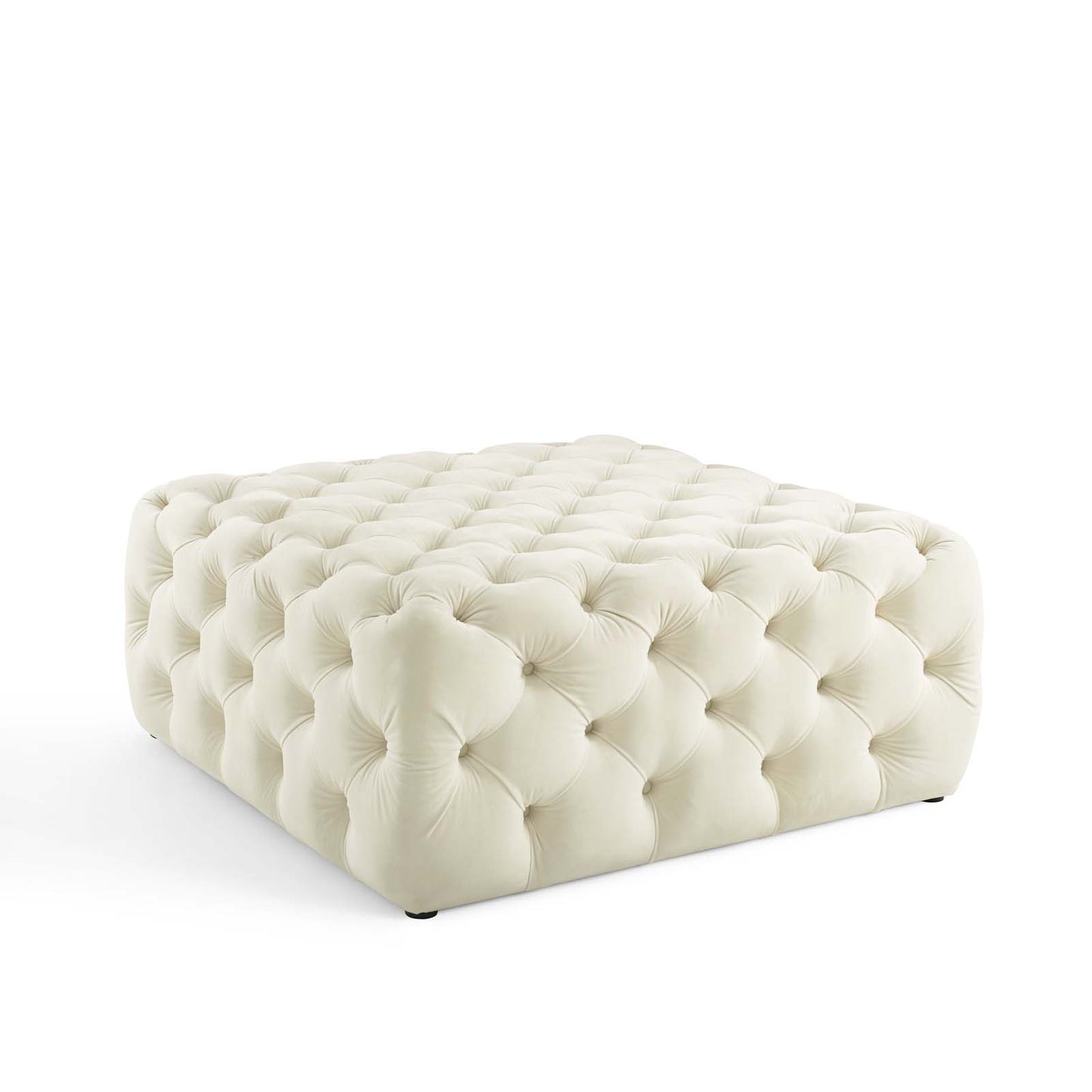Amour Tufted Button Large Square Performance Velvet Ottoman, Velvet, Ivory White, 18390