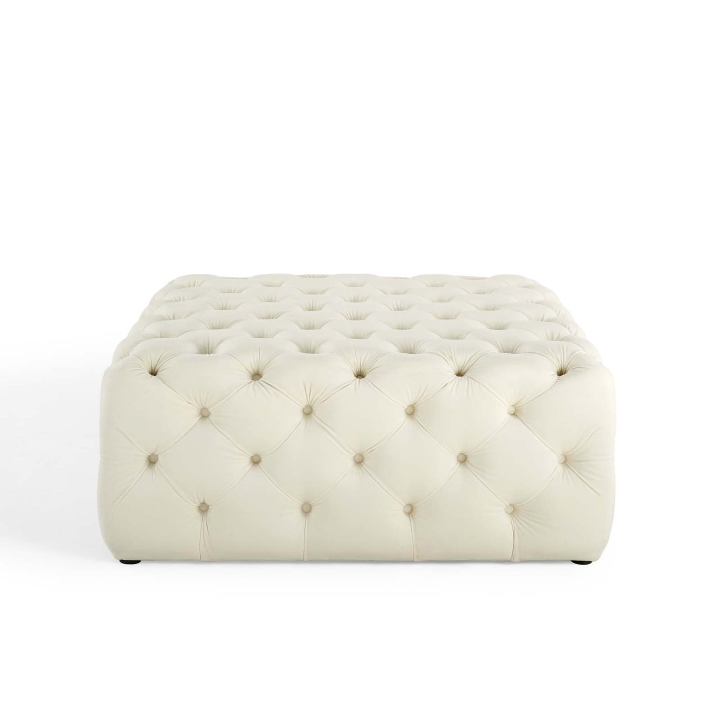 Amour Tufted Button Large Square Performance Velvet Ottoman, Velvet, Ivory White, 18390