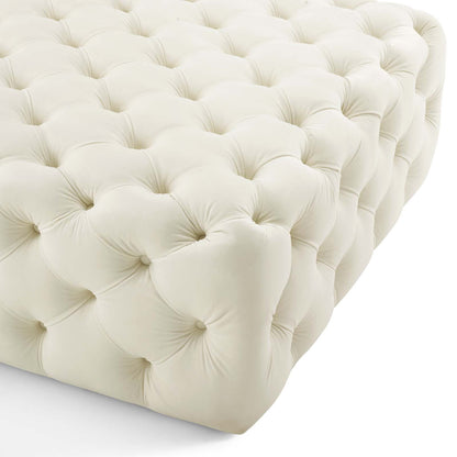 Amour Tufted Button Large Square Performance Velvet Ottoman, Velvet, Ivory White, 18390