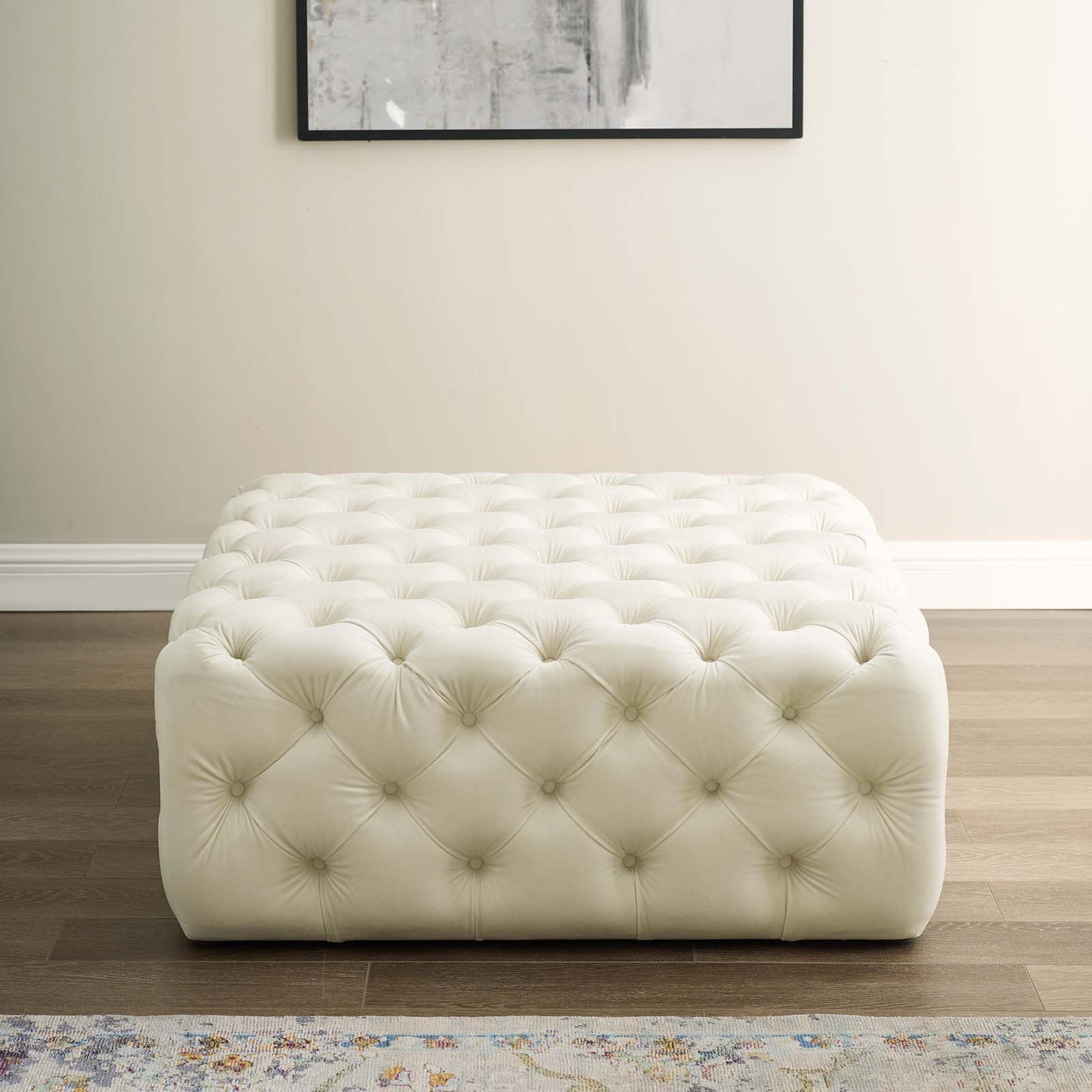 Amour Tufted Button Large Square Performance Velvet Ottoman, Velvet, Ivory White, 18390