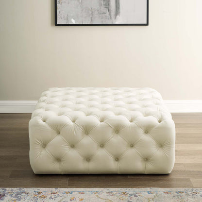Amour Tufted Button Large Square Performance Velvet Ottoman, Velvet, Ivory White, 18390