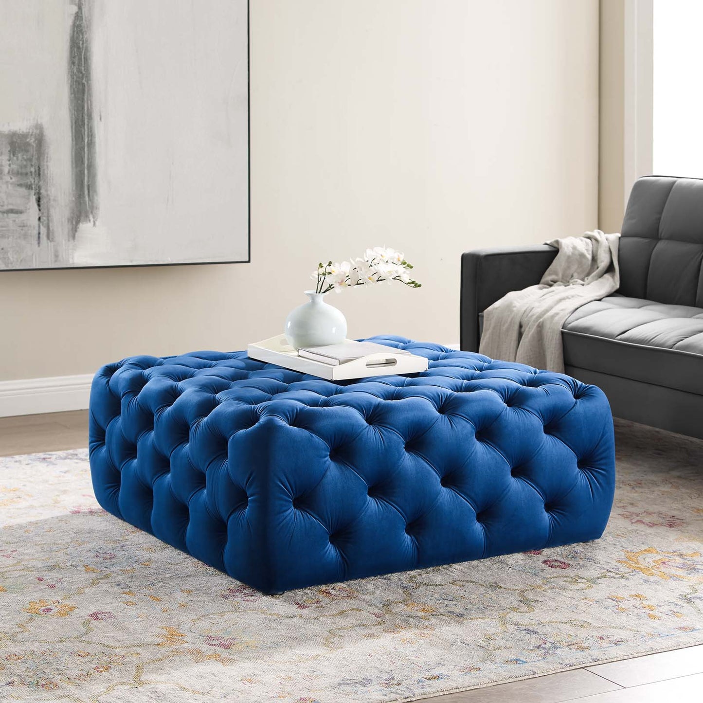 Amour Tufted Button Large Square Performance Velvet Ottoman, Velvet, Blue Navy, 18391