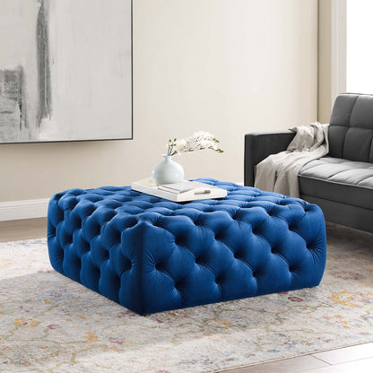 Amour Tufted Button Large Square Performance Velvet Ottoman, Velvet, Blue Navy, 18391