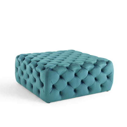 Amour Tufted Button Large Square Performance Velvet Ottoman, Velvet, Blue, 18392