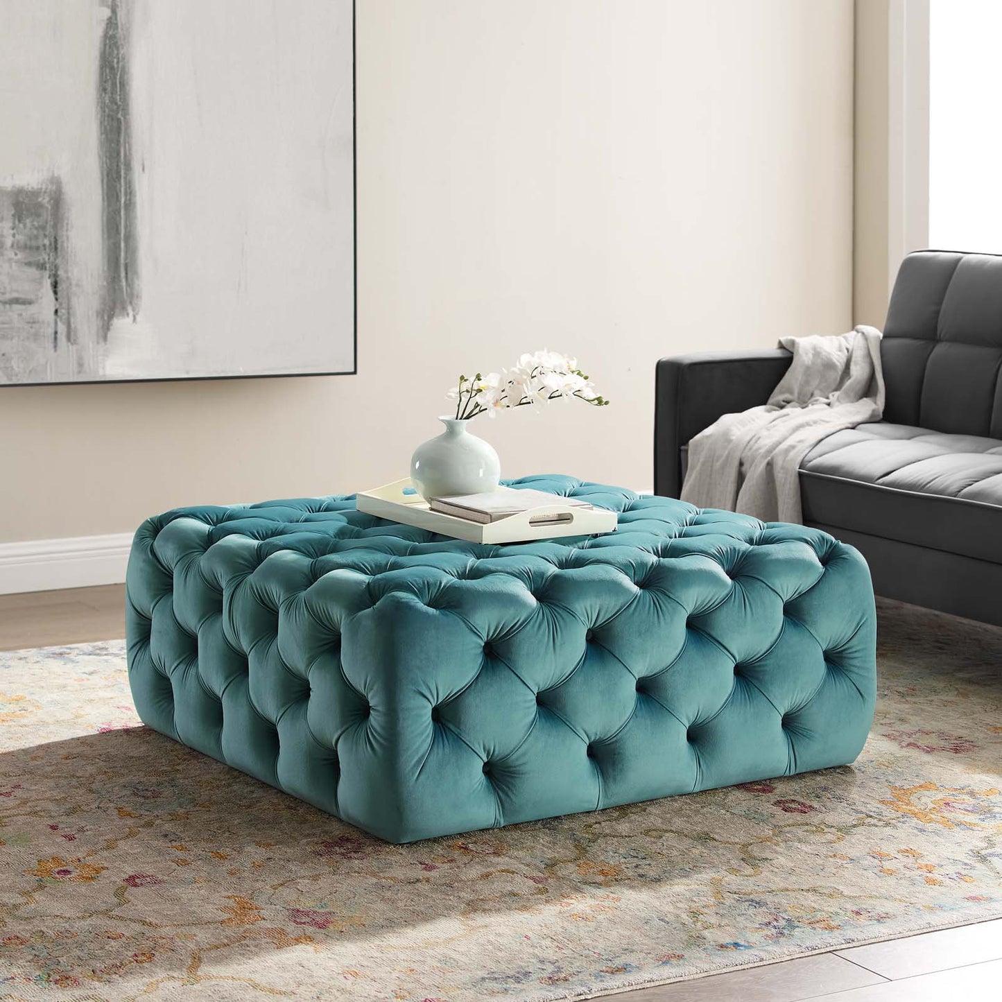 Amour Tufted Button Large Square Performance Velvet Ottoman, Velvet, Blue, 18392