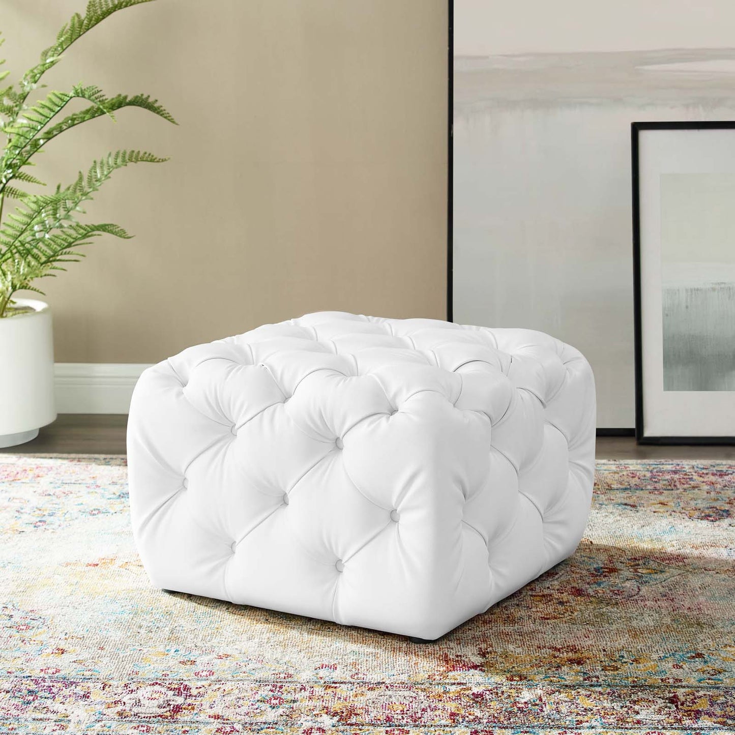 Amour Tufted Button Square Faux Leather Ottoman, Faux Leather, White, 18393